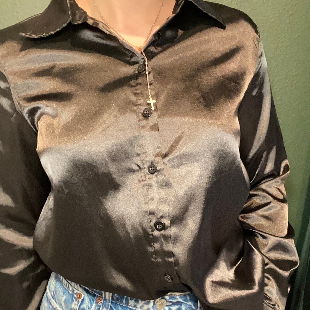 Black Satin Button-Up Blouse